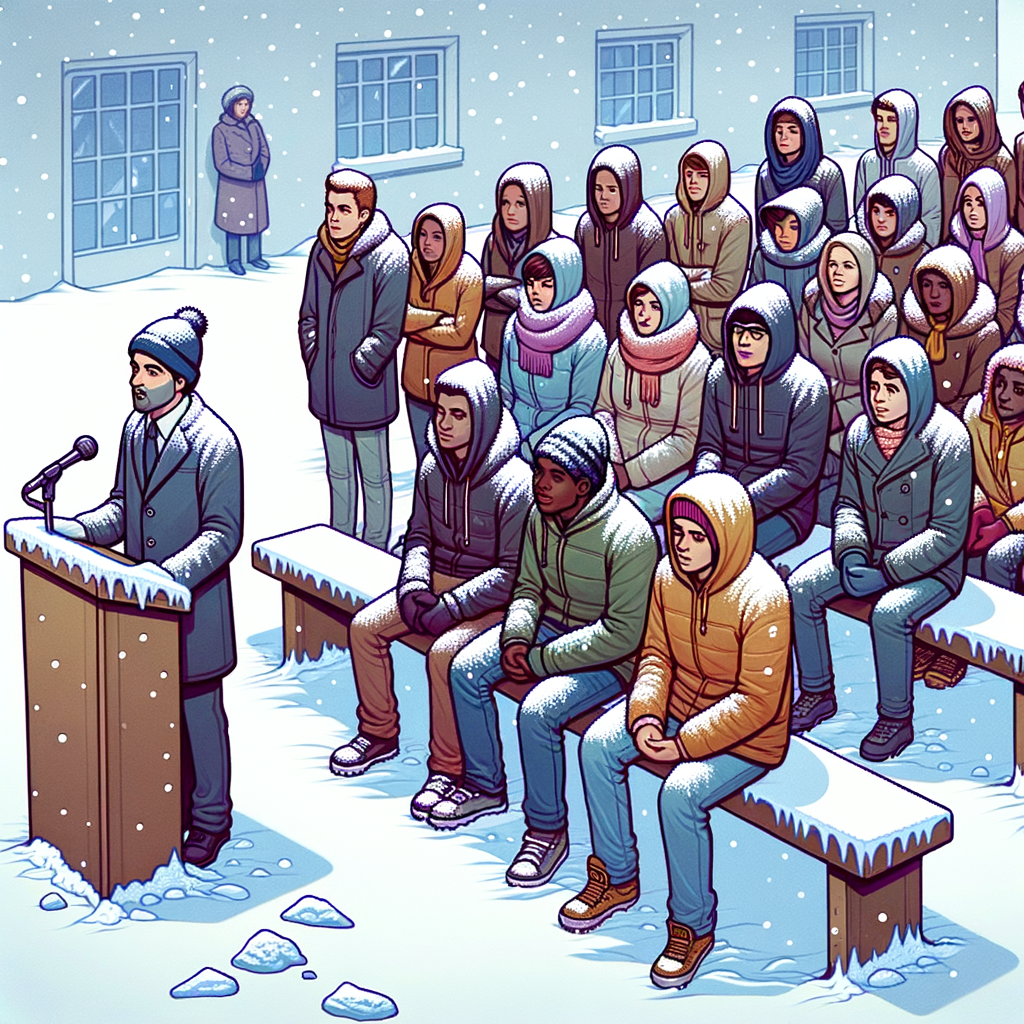 -3℃-1℃的冰雪天，學生雪地站立等候姍姍來遲的官員，然後坐在滿是冰渣的凳子上聽官員作報告